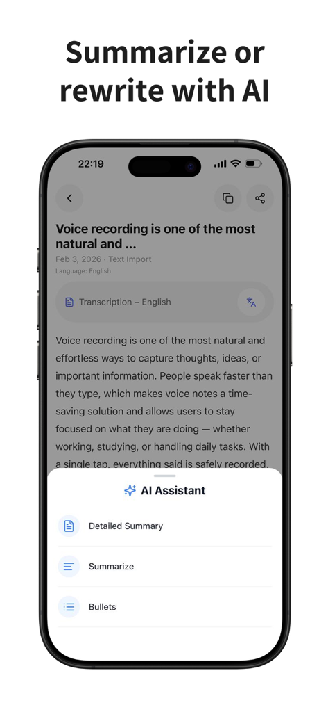 Speako AI app interface showing the AI Assistant menu with options for summaries and bullet points from voice transcriptions.