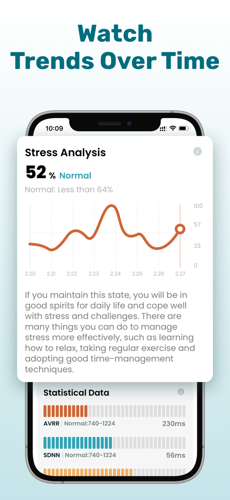 A smartphone screen displaying a stress analysis graph and health statistics within the KeepHeart app.