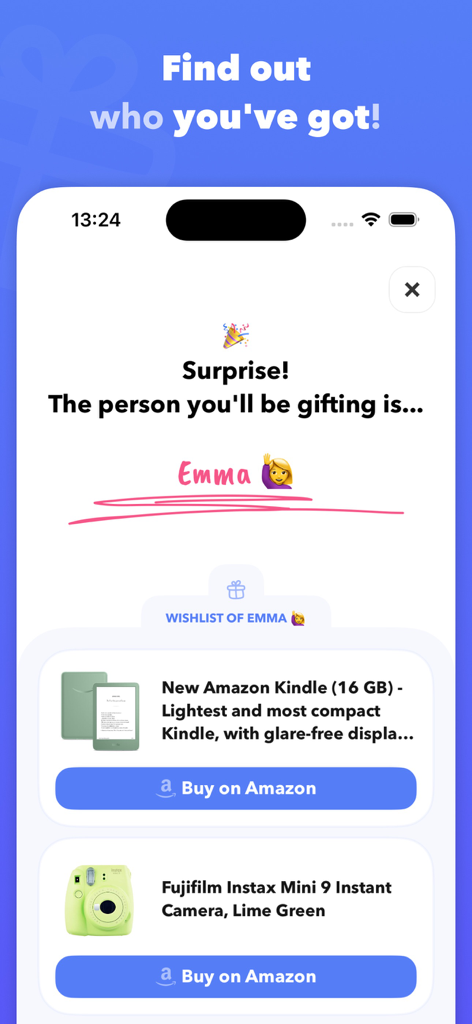 Secret Santa 앱이 추첨된 이름 Emma와 그녀의 Amazon 선물 위시리스트를 보여줍니다.