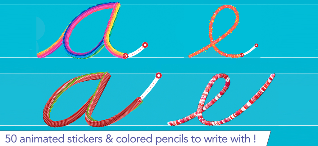 Tracing cursive letters a and e with colorful animated stickers and pencils