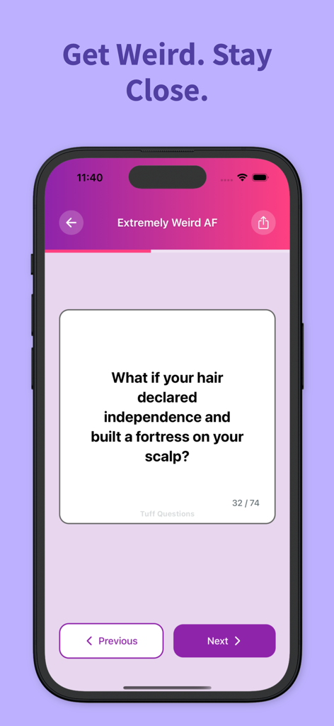 Tuff Questions - Couple Game - Una tarjeta peculiar para iniciar conversaciones del mazo 'Extremely Weird AF' (Extremadamente Raro) en la aplicación Tuff Questions.