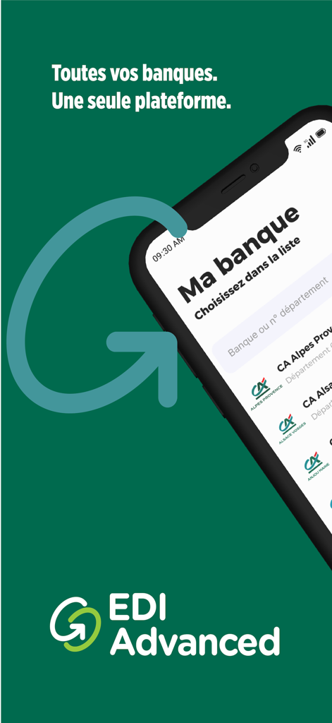 EDI Advanced mobile app screen showing bank selection for professional account management on a single platform