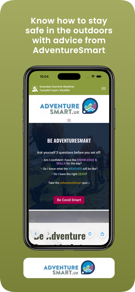 Snowdon Summit Weather - Snowdon Summit Weather app interface showing outdoor safety advice and preparation tips from AdventureSmart