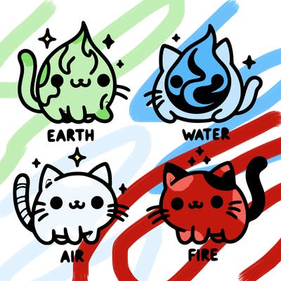 4 cats that represent the different elements, earth, water, air, and fire