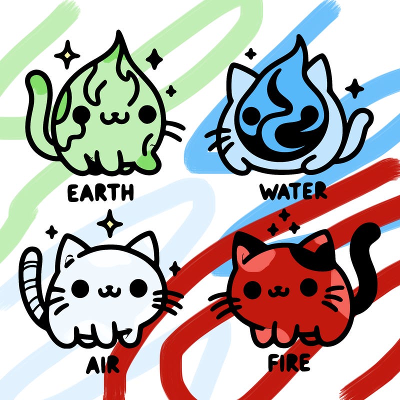 4 cats that represent the different elements, earth, water, air, and fire