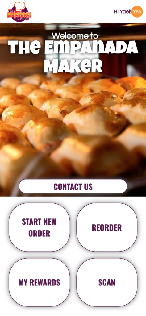 Empanada Maker - The Empanada Maker mobile app home screen featuring buttons for ordering reordering rewards and scanning