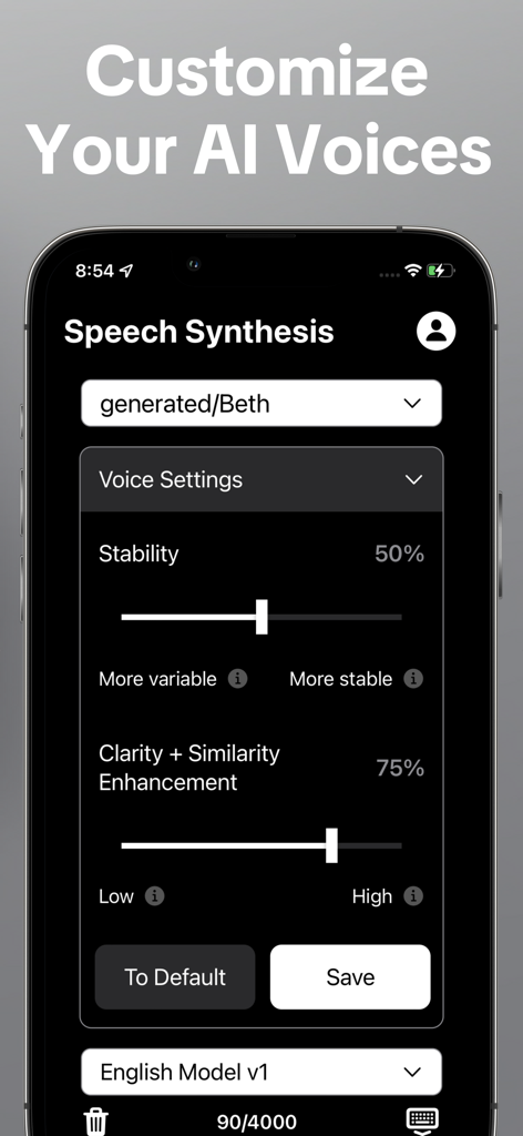 Leven AI Voice Generator Text - Una interfaz de aplicación móvil para personalizar la configuración de voz AI, incluyendo deslizadores de estabilidad y mejora de claridad.