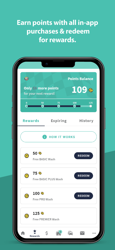 ZIPS Car Wash app rewards screen showing point balance and free wash redemption options