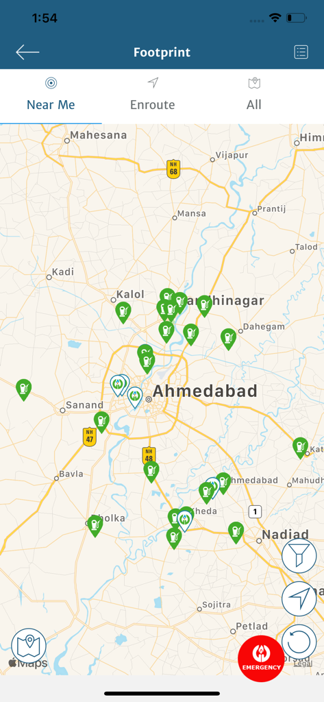 A map interface in the Gujarat Gas app showing multiple CNG station locations near Ahmedabad and Gandhinagar.