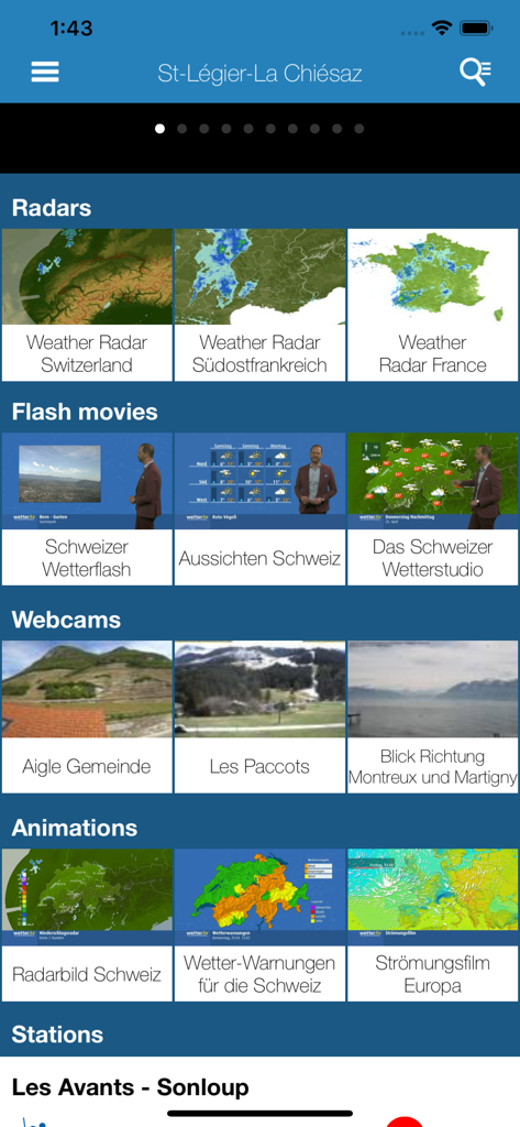 Interface of Weather News PRO app showing radar maps video forecasts and live webcams
