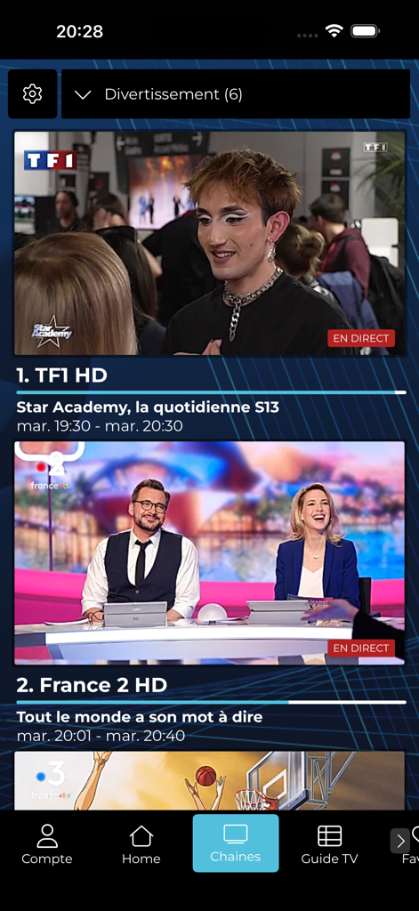 Liste des chaînes de télévision françaises en direct disponibles sur l'application Mondial TV, y compris TF1 et France 2