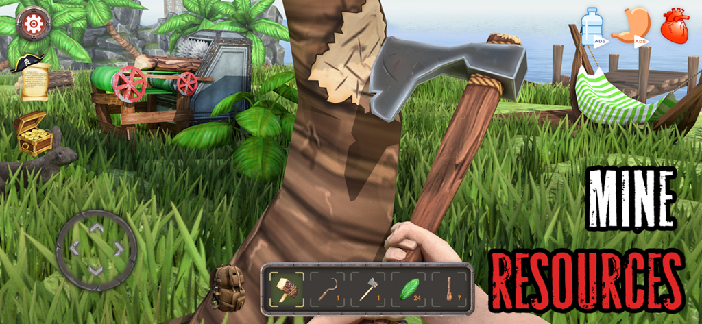 Shark Land: Desert Island - First person view of a player character using an axe to chop a tree in the Shark Land survival game.