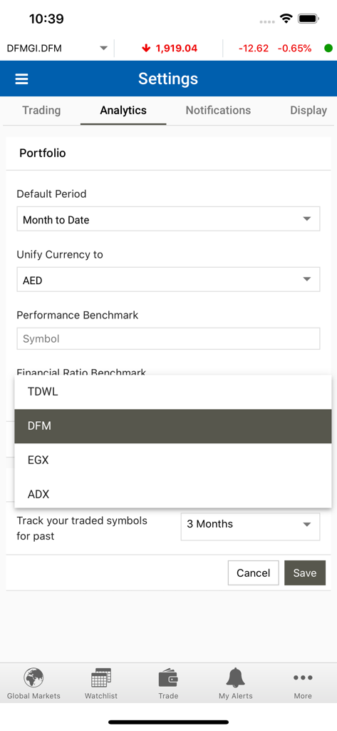 BHM Capital UAE app analytics settings showing portfolio benchmark selection for DFM and ADX markets