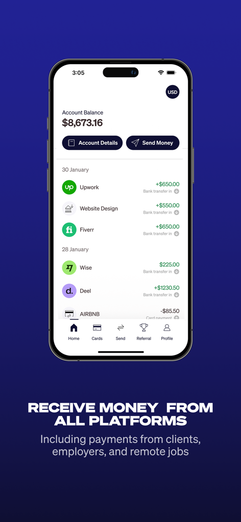 Elevate Pay: USD Banking - Elevate Pay app interface showing account balance and payment history from Upwork, Fiverr, and Deel.
