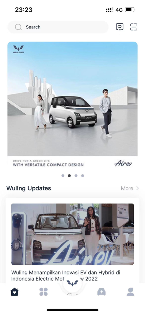 My WULING + - Schermata principale dell'app My Wuling Plus con Wuling Air ev e gli ultimi aggiornamenti automobilistici.