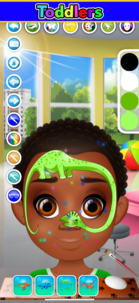 Kids Face Paint: Coloring Game - Un juego digital de pintar caras para niños que muestra a un niño con un diseño de dinosaurio verde e iconos de herramientas coloridas