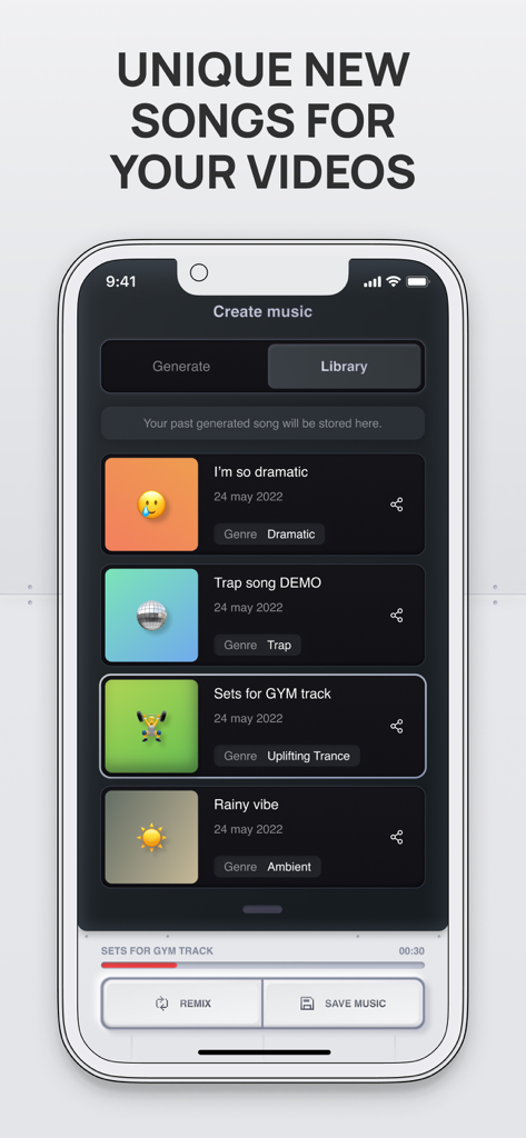 KI-Musikgenerator-App-Oberfläche zeigt eine Bibliothek gespeicherter Tracks mit verschiedenen Genres und Stimmungen auf einem iPhone