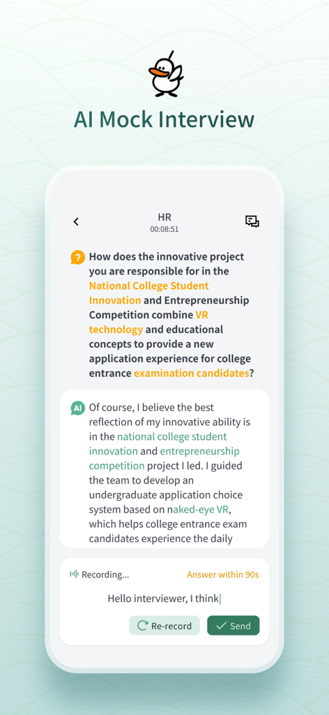 OfferGoose-AI Resume&Interview - Mobile app interface of OfferGoose showing an AI mock interview session with sample questions and answers