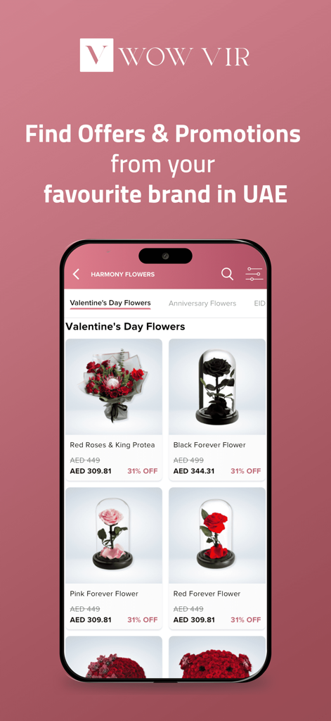 WOW VIR: Flowers Cakes & Gifts - Interfaz de la aplicación móvil WOW VIR mostrando arreglos florales para el Día de San Valentín y descuentos para entrega en los EAU