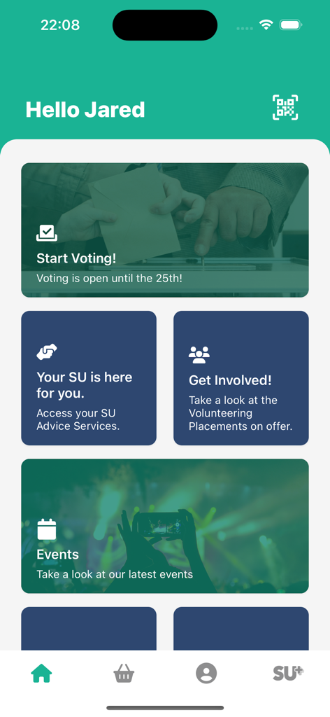 Students' Union - Students Union mobile app home screen with sections for campus voting, advice services, volunteering, and events.
