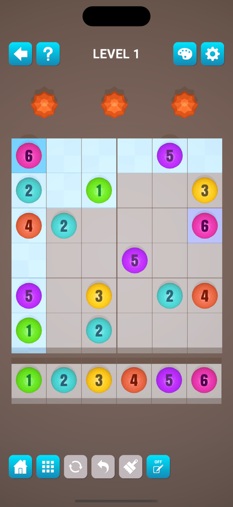 Puzzledom 3D - A clean 3D logic puzzle interface from Puzzledom 3D featuring colored numbered spheres on a minimalist grid