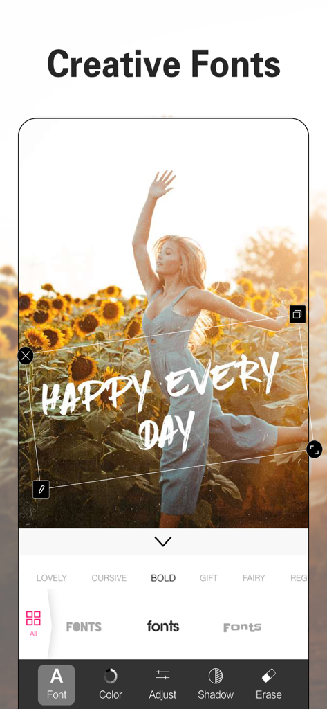 Picsee-Add text on photos - 사진에 창의적인 굵은 폰트와 텍스트 편집 도구가 표시된 Picsee 앱 화면