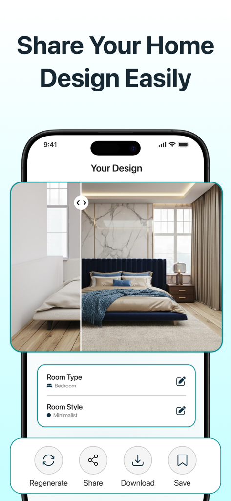 AI Home & Room Interior Design - App-Oberfläche, die ein generiertes minimalistisches Schlafzimmerdesign mit Optionen zum Teilen und Speichern zeigt.