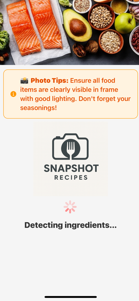 Interfaz de la aplicación Recetas Instantáneas mostrando una pantalla de carga para detectar ingredientes de una foto