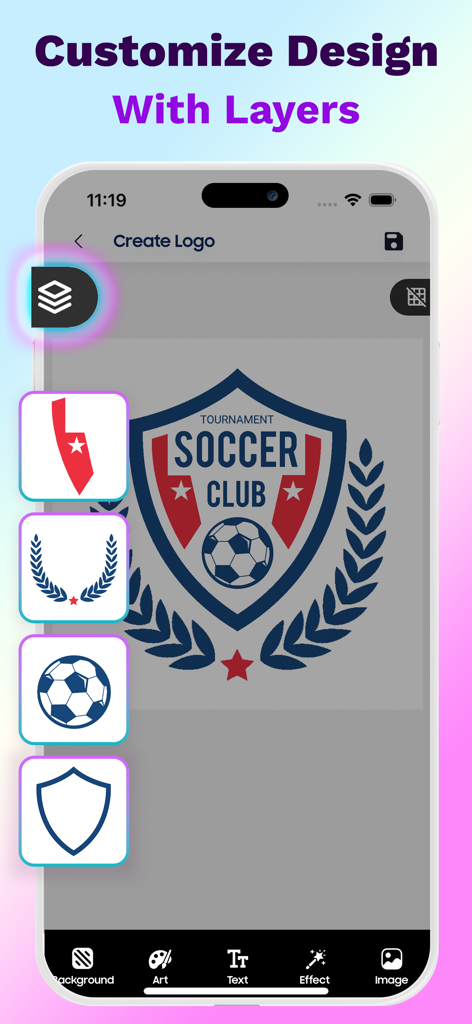 LogoX - AI Logo Maker - Interfaz de la aplicación LogoX mostrando personalización basada en capas para un diseño de logo de club de fútbol