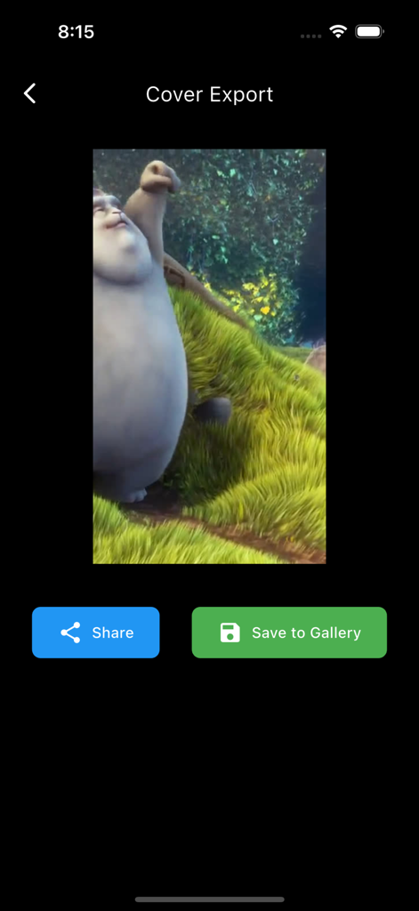 Video To Live Wallpaper 4K HD - Interfaz que muestra la pantalla de exportación de portada con botones para compartir y guardar en la galería