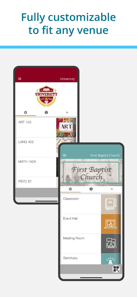 Two smartphones displaying the ListenWIFI app with customized interfaces for a university and a church