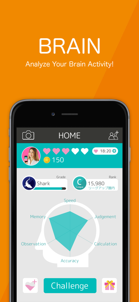 Brain Wars - Brain Wars home screen showing a hexagonal radar chart for brain activity analysis including categories like speed memory and judgment