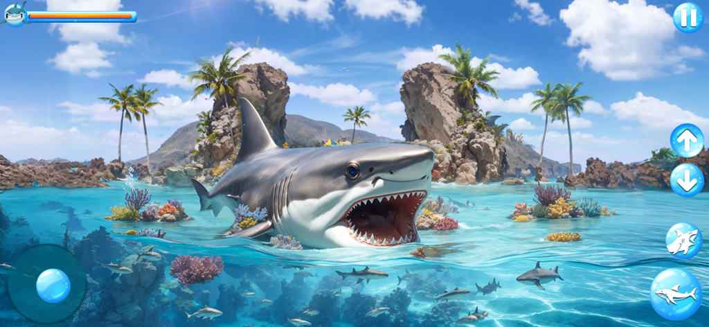 Ocean Shark Simulator - A Great White Shark swimming in a tropical ocean environment with coral reefs and islands in Ocean Shark Simulator
