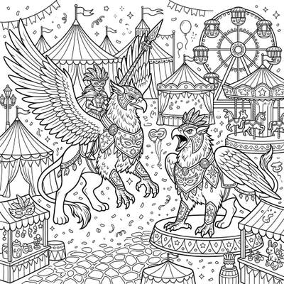 Step into a fantastical world where mighty War Griffins take center stage at a vibrant carnival! This intricate coloring page combines mythical beasts with the exciting atmosphere of a circus, offering hours of creative fun.