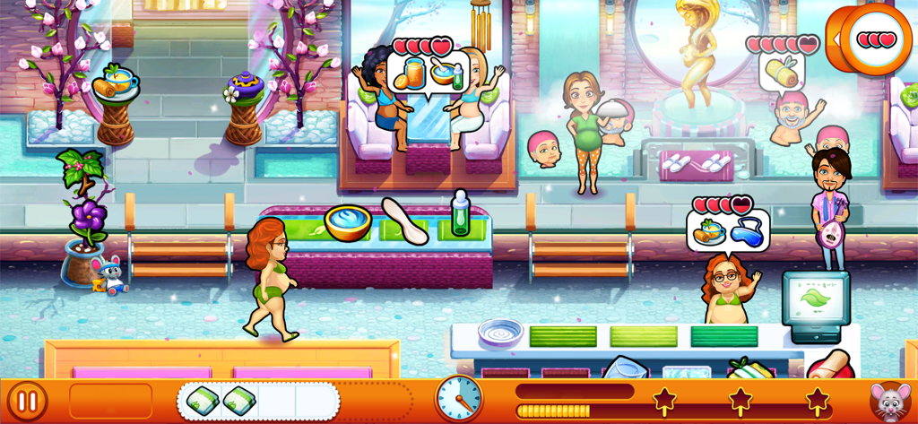 Gameplay-Screenshot von Delicious Miracle of Life, der zeigt, wie Emily Kunden in einem Spa- und Yoga-Studio bedient