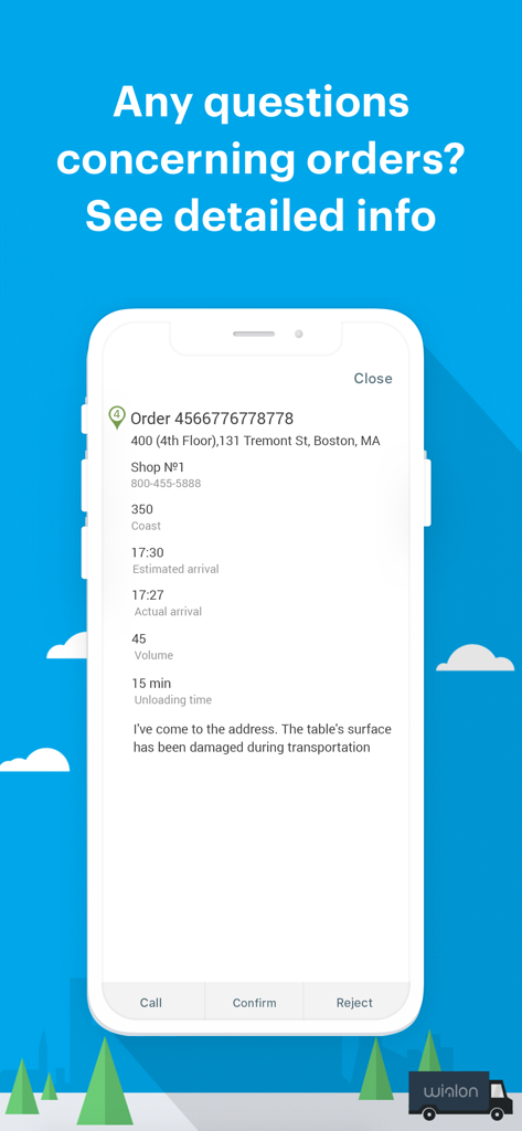 Logistics Mobile - Detailed order view in Logistics Mobile app showing delivery address and arrival status