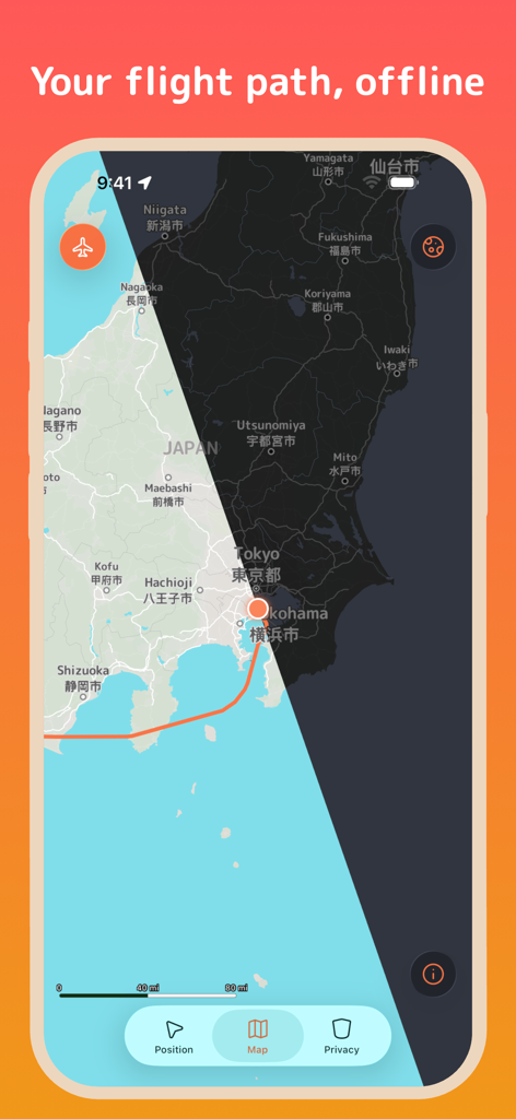 FlewAbove - FlewAbove app screenshot showing an offline flight path map over Japan