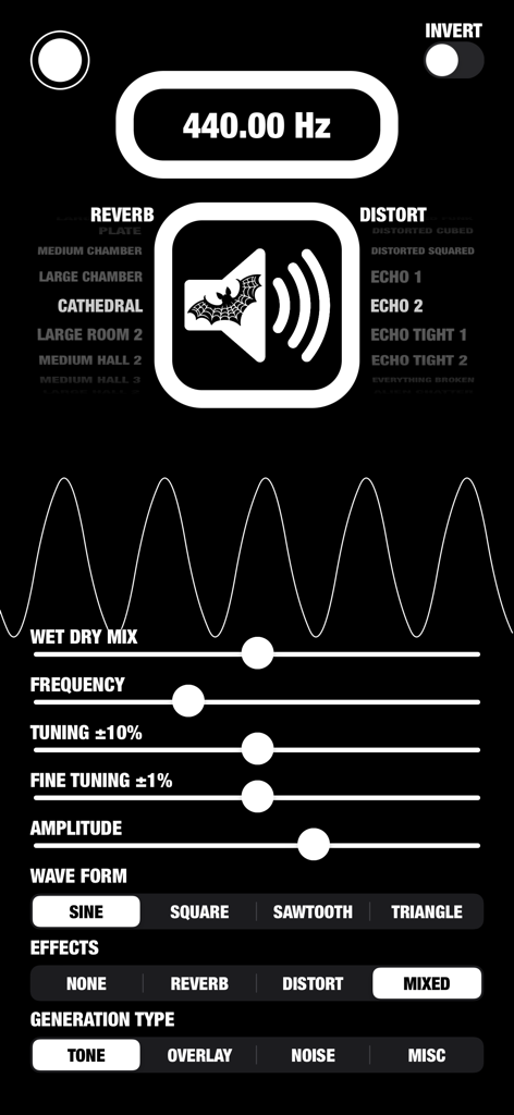 Black Audio Tool - B.A.T - User interface of the Black Audio Tool app showing frequency controls and a sine wave visualization