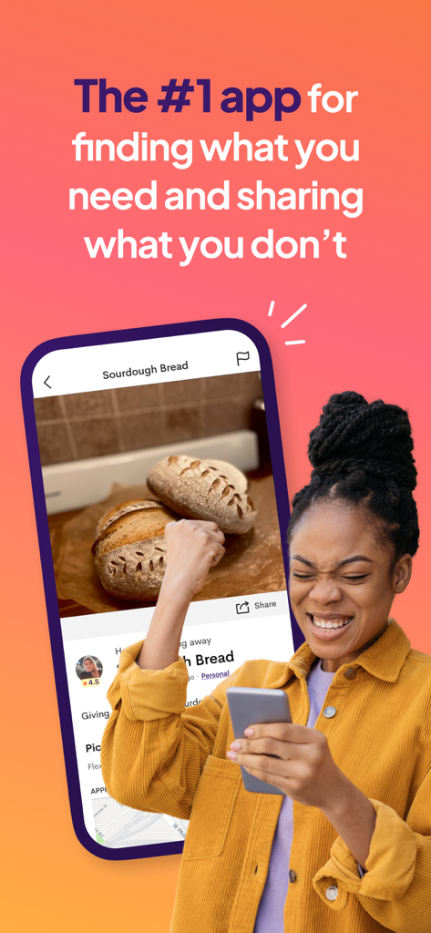 OLIO - A woman smiling while using the OLIO app to browse a local listing for free sourdough bread