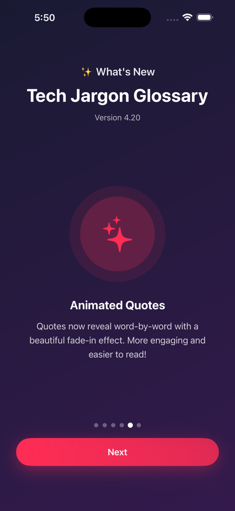 La aplicación Glosario de Jerga Tecnológica que muestra una pantalla de Novedades para la versión 4.20 con citas animadas.