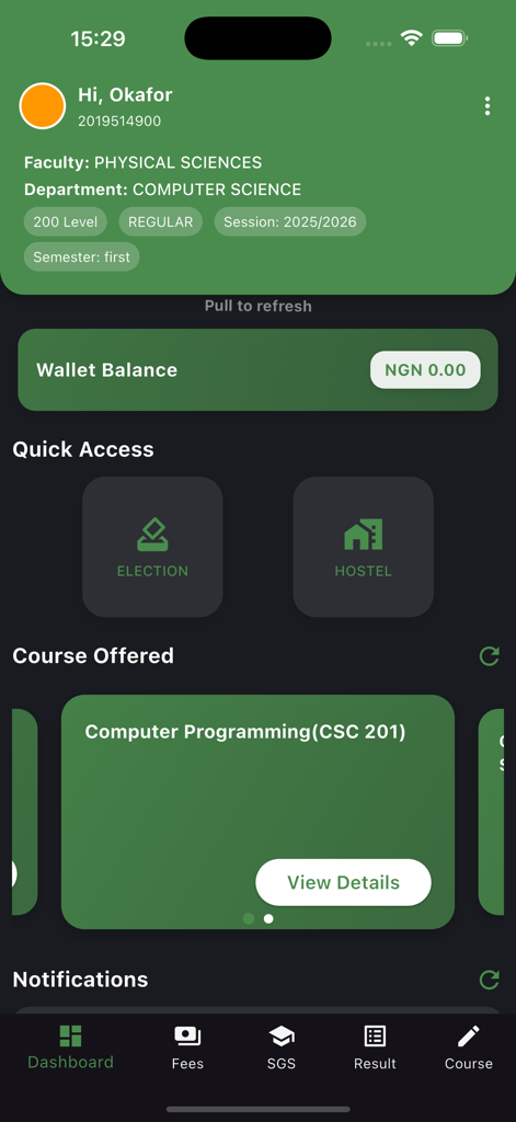 COOU Portal - Student dashboard of the COOU Portal app showing academic profile, wallet balance, and quick access buttons.