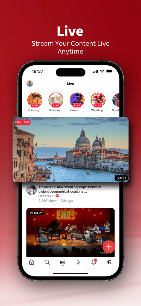 GETTR - A Marketplace of Ideas - A smartphone displaying the live streaming interface and video feed of the GETTR social media app