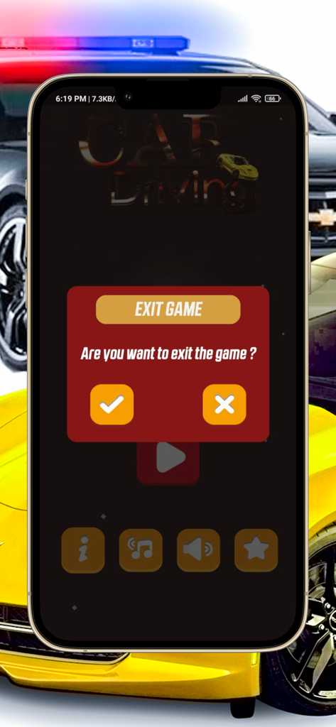 Car Driving Police vs Thief - Mobile screen showing the exit game confirmation pop up with checkmark and cross buttons in the Car Driving Police vs Thief app