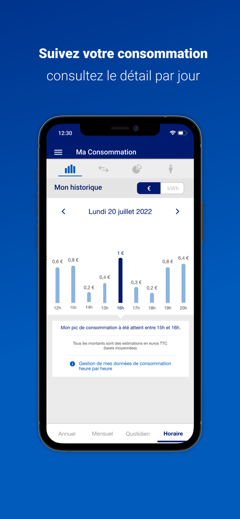 EDF Dom & Corse - Detailed hourly energy consumption chart on the EDF Dom & Corse mobile app interface.