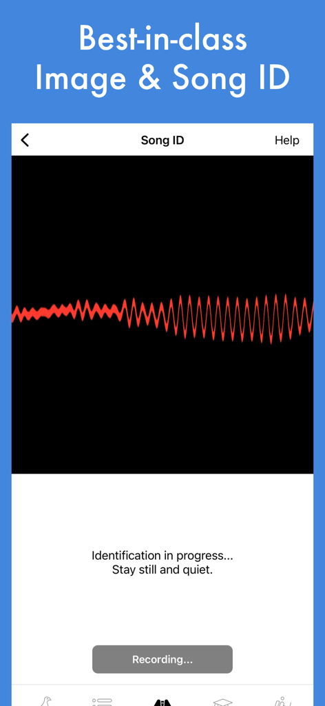 Smart Bird ID: Bird Identifier - Smart Bird ID app interface showing a red waveform during real-time bird song identification