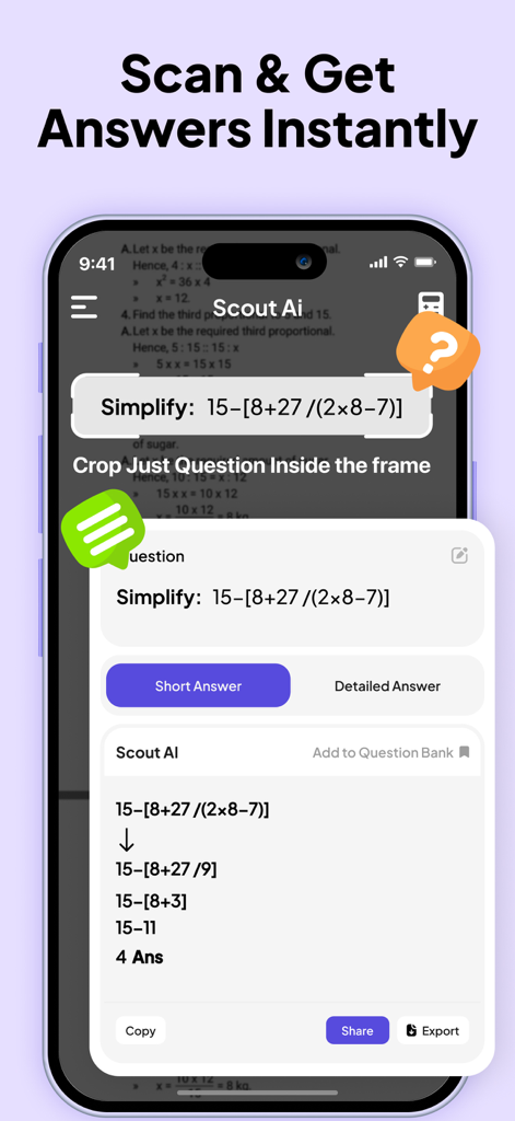 AI Homework Helper, Scan Solve - Interfaz de la aplicación Scout AI Homework Helper que muestra un problema de matemáticas siendo escaneado y resuelto con un desglose paso a paso.