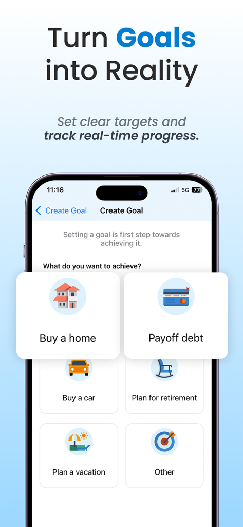 Pantalla de aplicación móvil para crear objetivos financieros como comprar una casa y pagar deudas