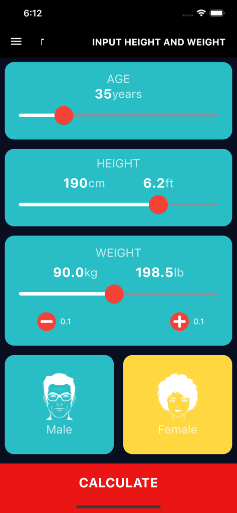 Ideal Weight & BMI Calculator - Interface for entering age height weight and gender to calculate body mass index