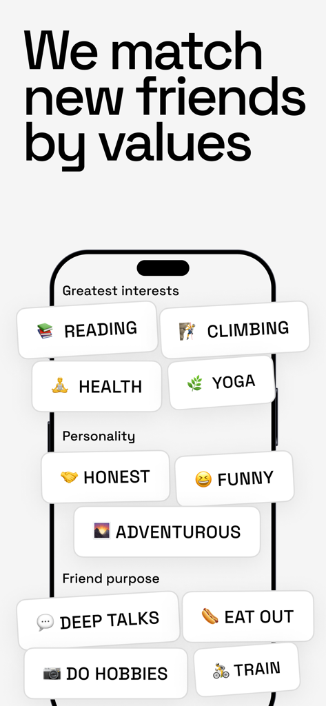 Wooh: meet new friends - Wooh app interface displaying user interest and personality tags for matching new friends