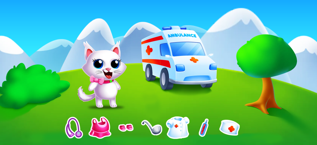 A white cat character in a doctor themed learning level with an ambulance and medical items